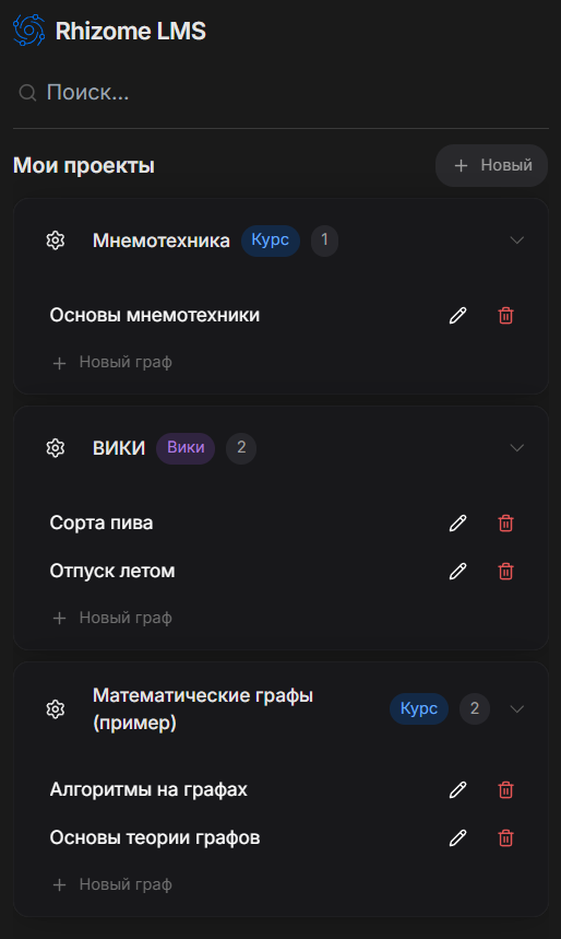 Сайдбар проектов с типами Курс, Вики и Трекер